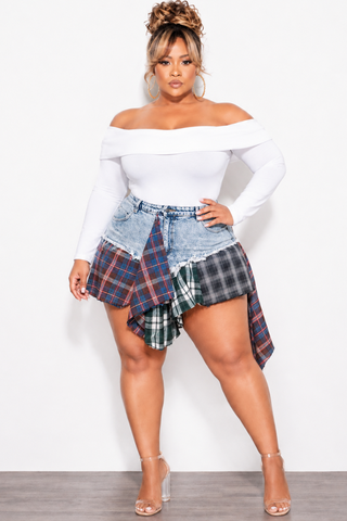 Final Sale Plus Size Splicing Skirt in Light Denim in Multi-Color Plaid Print