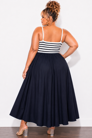Final Sale Plus Size Maxi Dress With Sweater Knit Top with Cut-Out In Navy and White