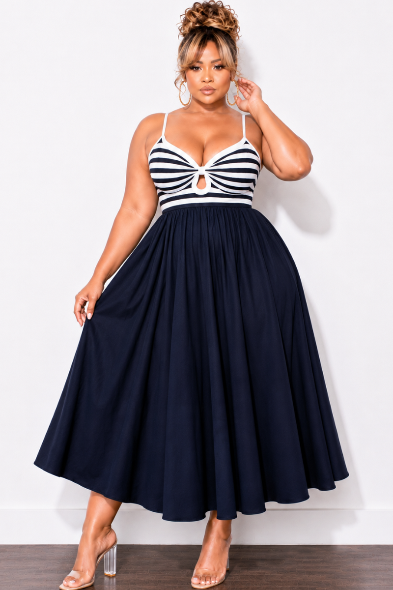 Final Sale Plus Size Maxi Dress With Sweater Knit Top with Cut-Out In Navy and White