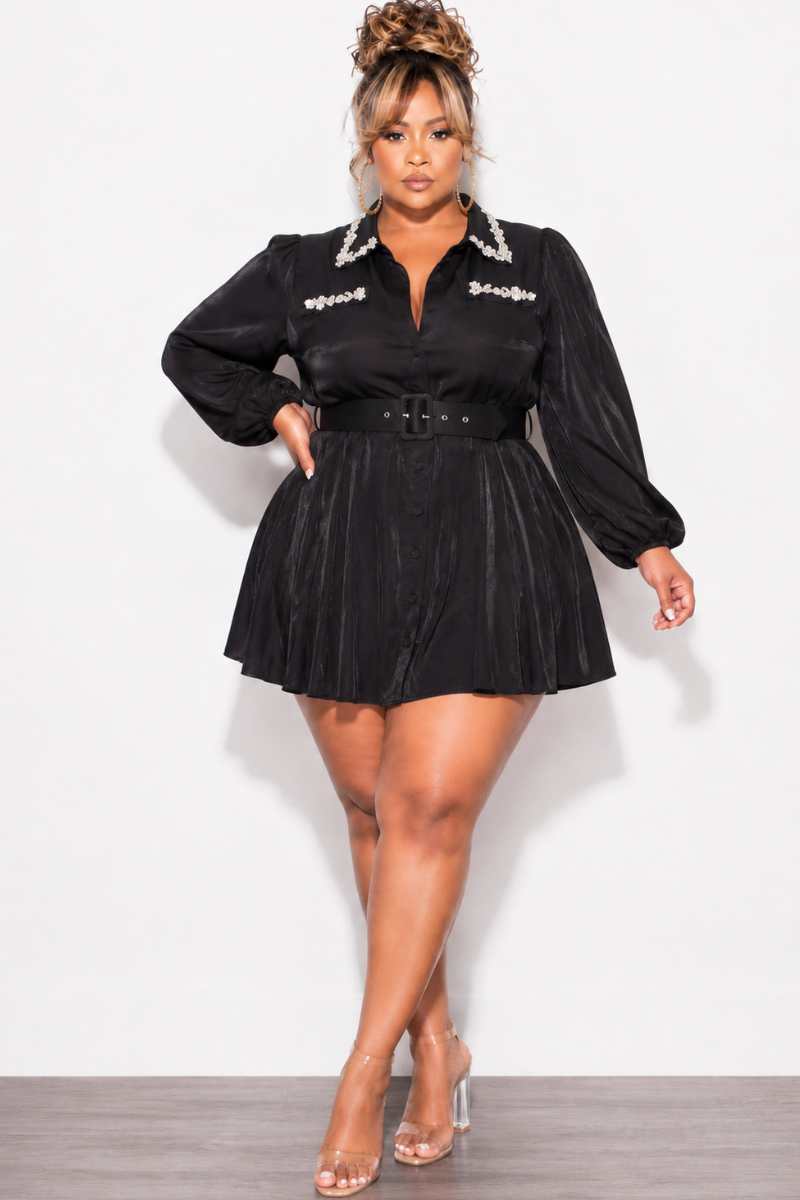 Final Sale Plus Size Rhinestone Embellished Mini Shirt Dress in Black