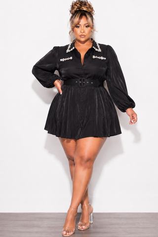 Final Sale Plus Size Rhinestone Embellished Mini Shirt Dress in Black