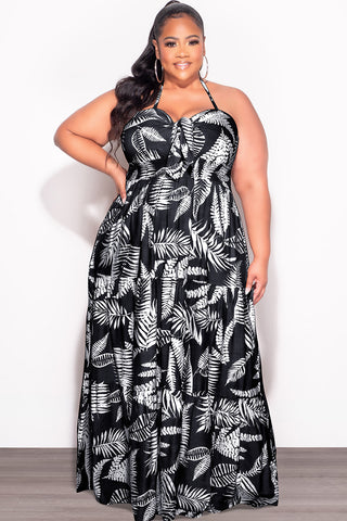 Final Sale Plus Size Halter Tiered Dress in Black and White Leaf Print