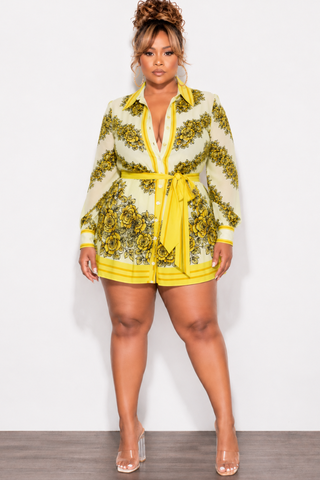 Final Sale Plus Size Collar Button Up Baby Doll in Yellow Floral Print