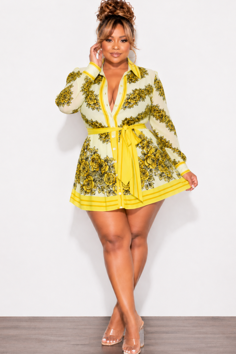 Final Sale Plus Size Collar Button Up Baby Doll in Yellow Floral Print
