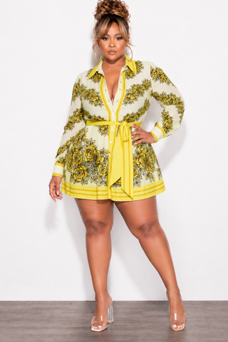 Final Sale Plus Size Collar Button Up Baby Doll in Yellow Floral Print
