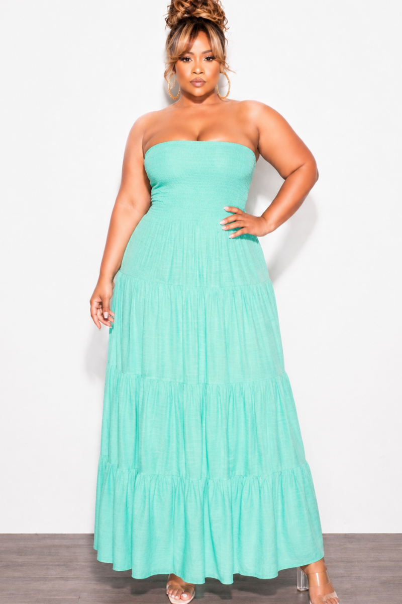 Final Sale Plus Size Smocked Top Strapless Gauze Maxi Dress in Mint Chic And Curvy Final Sale Plus Size Smocked Top Strapless Gauze Maxi Dress in Mint Chic And Curvy