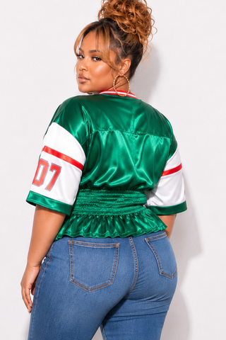 Final Sale Plus Size 2pc Set - 07 Unbothered Jersey Peplum Top in Green & White With Fuchsia Trim