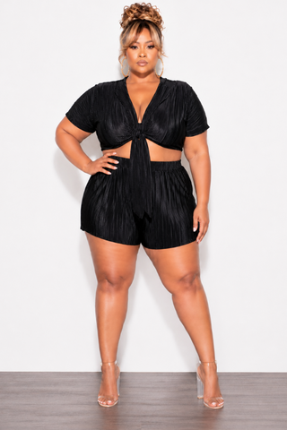 Final Sale Plus Size 2pc Pleated Crop Tie Top & Short Set in Black