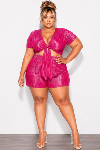 Final Sale Plus Size 2pc Pleated Crop Tie Top & Short Set in Fuchsia