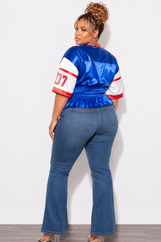 Final Sale Plus Size 2pc Set - 07 Unbothered Jersey Peplum Top in Blue & White With Red Trim