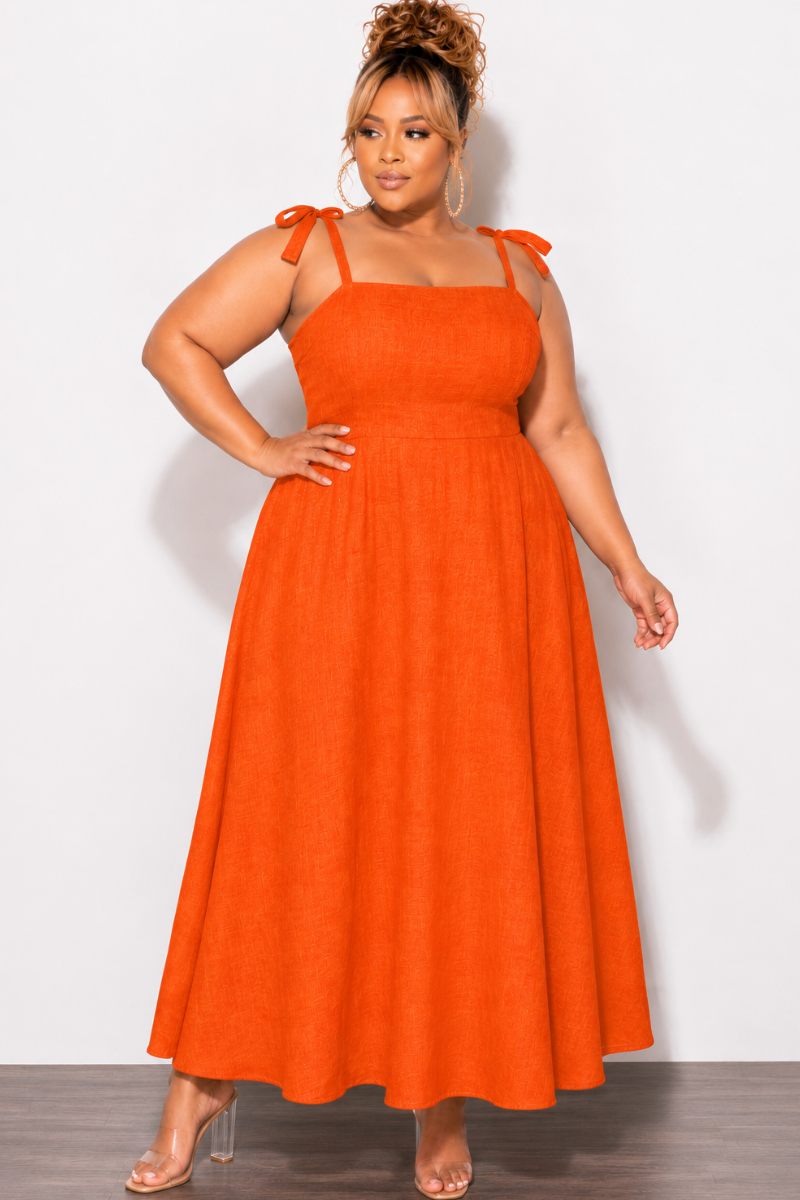 Final Sale Plus Size Self Tie Strap Light Weight Linen Blend Dress in Coral Orange