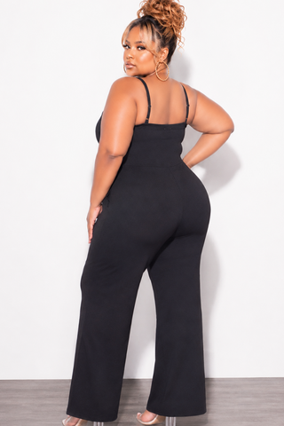 Final Sale Plus Size Spaghetti Strap Jumpsuit with Gold Button Detail in Black