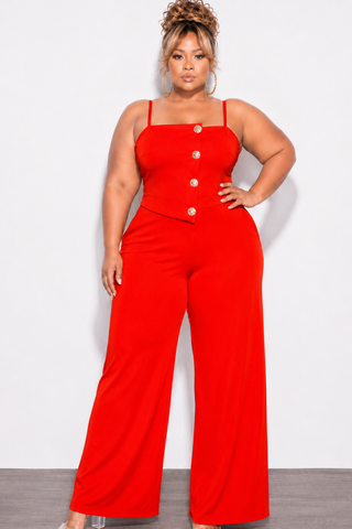 Final Sale Plus Size Spaghetti Strap Jumpsuit with Gold Button Detail in Tomato Red