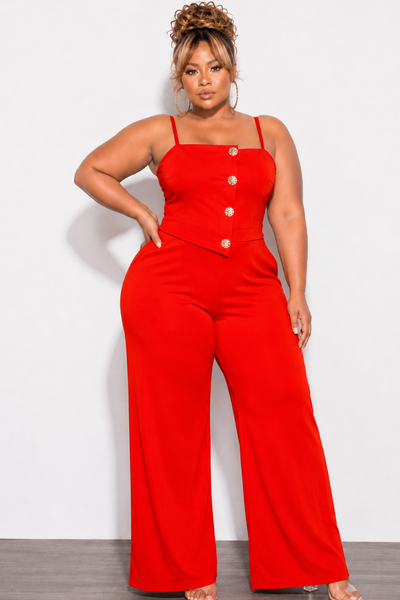 Final Sale Plus Size Spaghetti Strap Jumpsuit with Gold Button