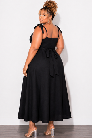 Final Sale Plus Size Self Tie Strap Light Weight  Linen Blend Dress in Black
