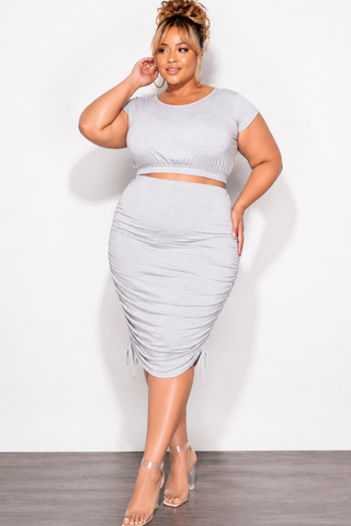 Final Sale Plus Size 2pc Crop Top and Ruched Skirt Set in Grey