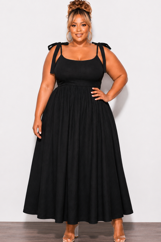 Final Sale Plus Size Self Tie Strap Light Weight  Linen Blend Dress in Black