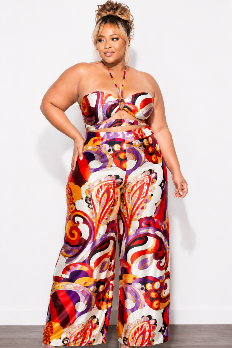 Final Sale Plus Size 2pc Satin Halter Bra Top and Palazzo Pants in Multi Color Red Design Print