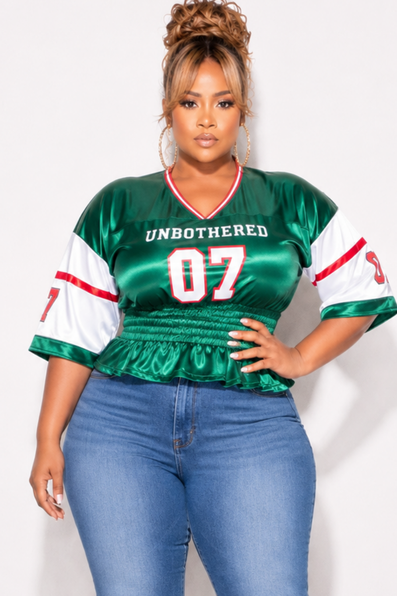Final Sale Plus Size 2pc Set - 07 Unbothered Jersey Peplum Top in Green & White With Fuchsia Trim