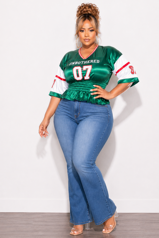 Final Sale Plus Size 2pc Set - 07 Unbothered Jersey Peplum Top in Green & White With Fuchsia Trim