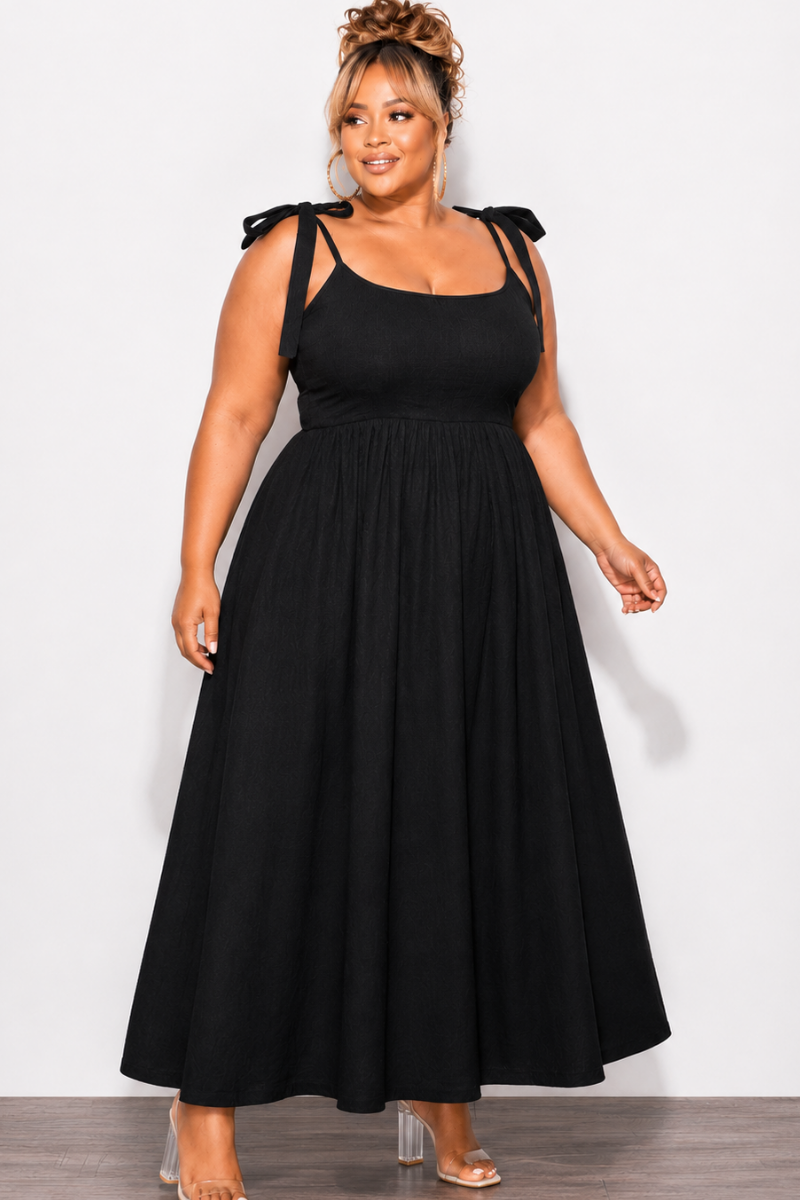 Final Sale Plus Size Self Tie Strap Light Weight  Linen Blend Dress in Black
