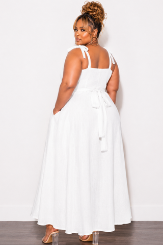 Final Sale Plus Size Self Tie Strap Light Weight Linen Blend Dress in Off White