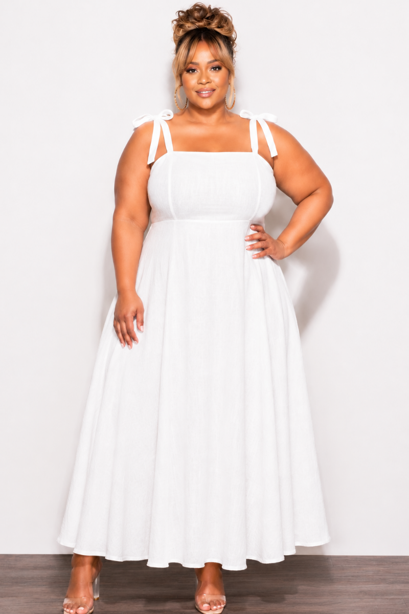 Final Sale Plus Size Self Tie Strap Light Weight Linen Blend Dress in Off White