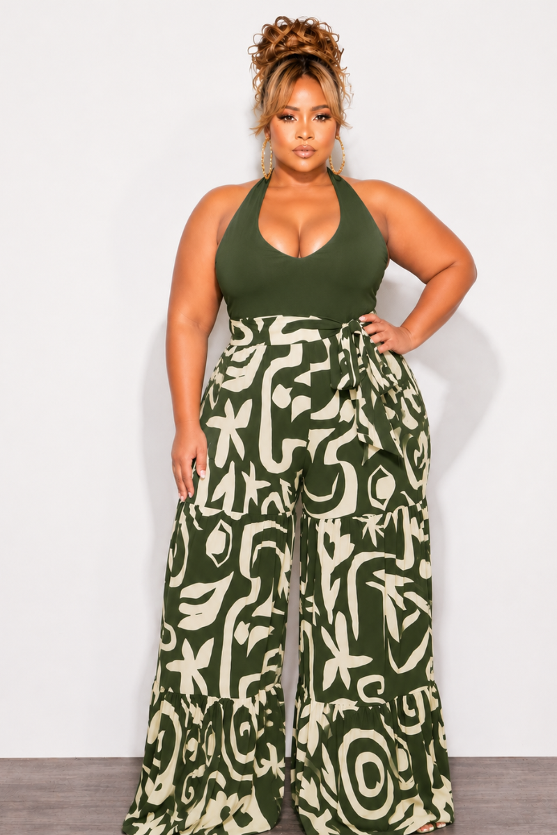 Final Sale Plus Size Halter Jumpsuit with Olive Top and Olive & Tan Bottom
