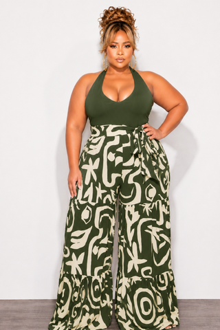 Final Sale Plus Size Halter Jumpsuit with Olive Top and Olive & Tan Bottom