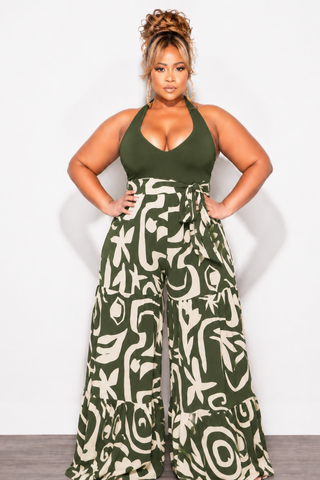 Final Sale Plus Size Halter Jumpsuit with Olive Top and Olive & Tan Bottom