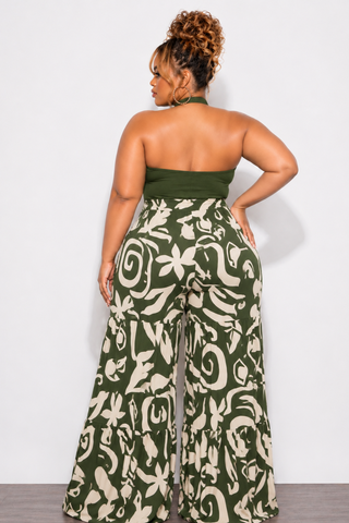 Final Sale Plus Size Halter Jumpsuit with Olive Top and Olive & Tan Bottom