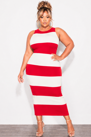 Final Sale Plus Size Knit Tank Midi Dress in Red & Off White