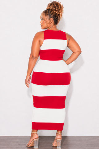 Final Sale Plus Size Knit Tank Midi Dress in Red & Off White