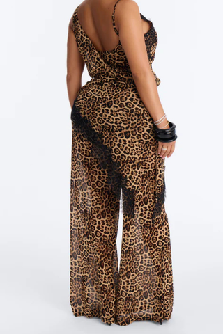 Final Sale Plus Size 2pc Leopard Lace Cami Mesh Pant Set in Brown Animal Print