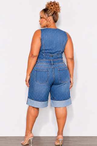 Final Sale Plus Size 2pc Vest Shorts Cuffed Denim Jorts Set in Stripe