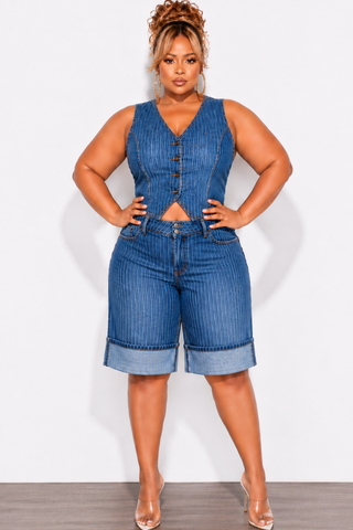 Final Sale Plus Size 2pc Vest Shorts Cuffed Denim Jorts Set in Stripe