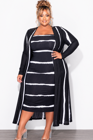 Final Sale Plus Size Ribbed 2pc Set Tube Dress With Duster in Black and Ivory Tie Dye Print