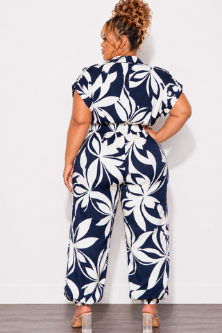 Final Sale Plus Size Rolled Cap Sleeve Jumpsuit In Navy & Ivory