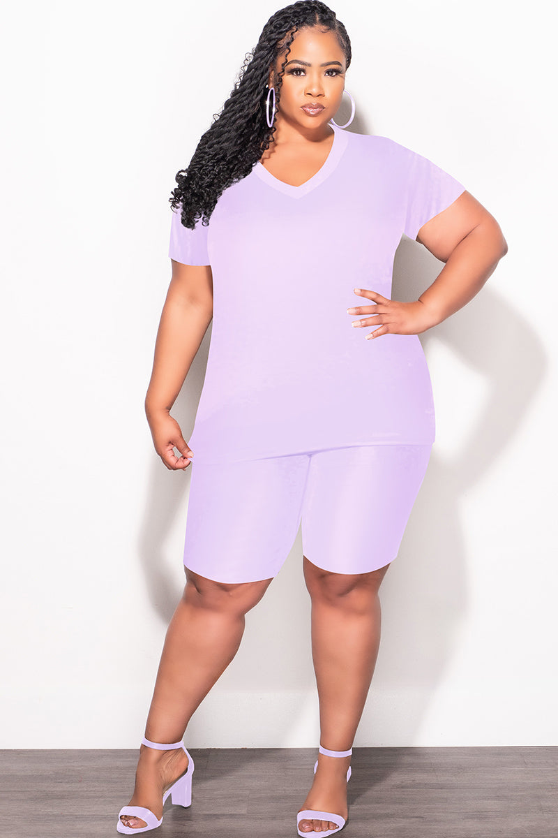 Final Sale Plus Size 2pc V Neck Biker Shorts Set in Lavender