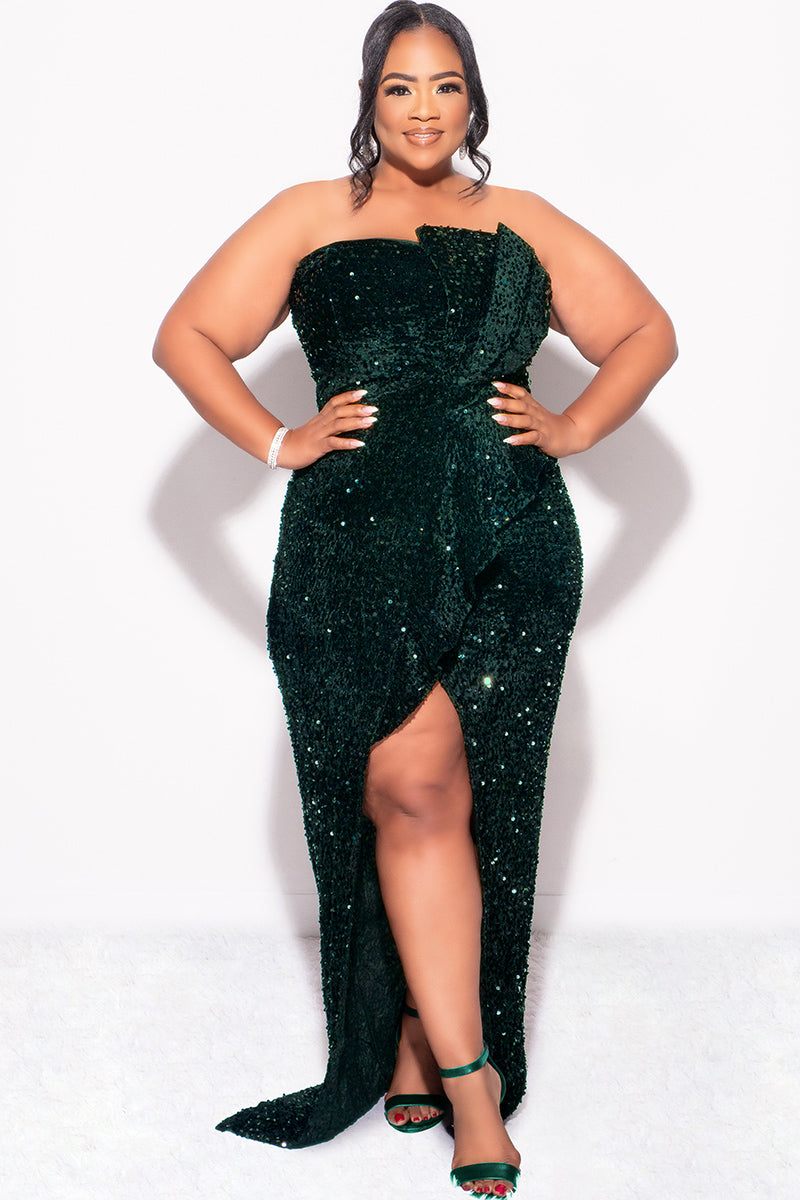 Final Sale Plus Size Strapless Pleated Ruffle Velvet & Sequin Gown with Front Slit in Green