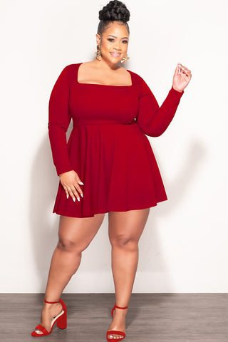 Final Sale Plus Size Babydoll Flare Mini Dress in Burgundy