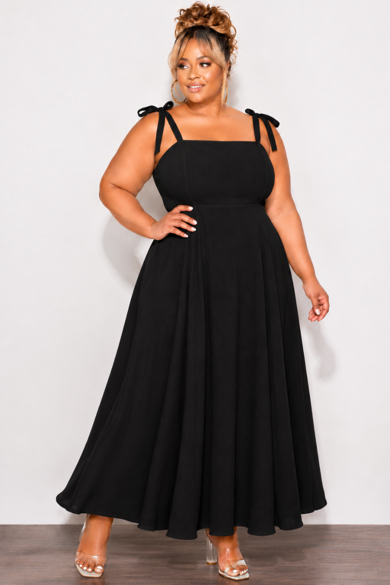 Final Sale Plus Size Self Tie Strap Light Weight Linen Blend Dress in Black