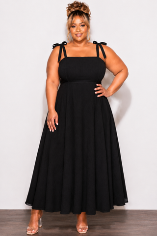 Final Sale Plus Size Self Tie Strap Light Weight  Linen Blend Dress in Black
