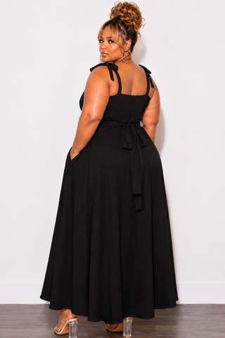 Final Sale Plus Size Self Tie Strap Light Weight  Linen Blend Dress in Black