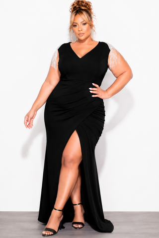 Final Sale Plus Size Deep V Rhinestone Fringe Shoulder With Maxi Dress in Black