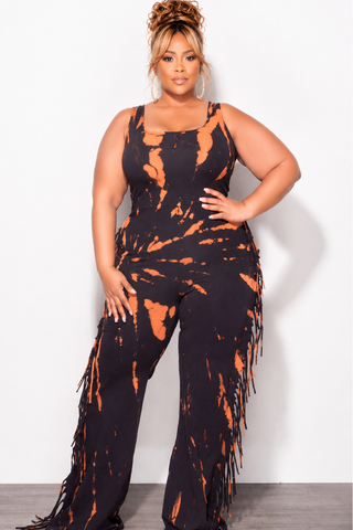 Final Sale Plus Size Tank Tie Dye Fringe Jumpsuit in Black & Rust