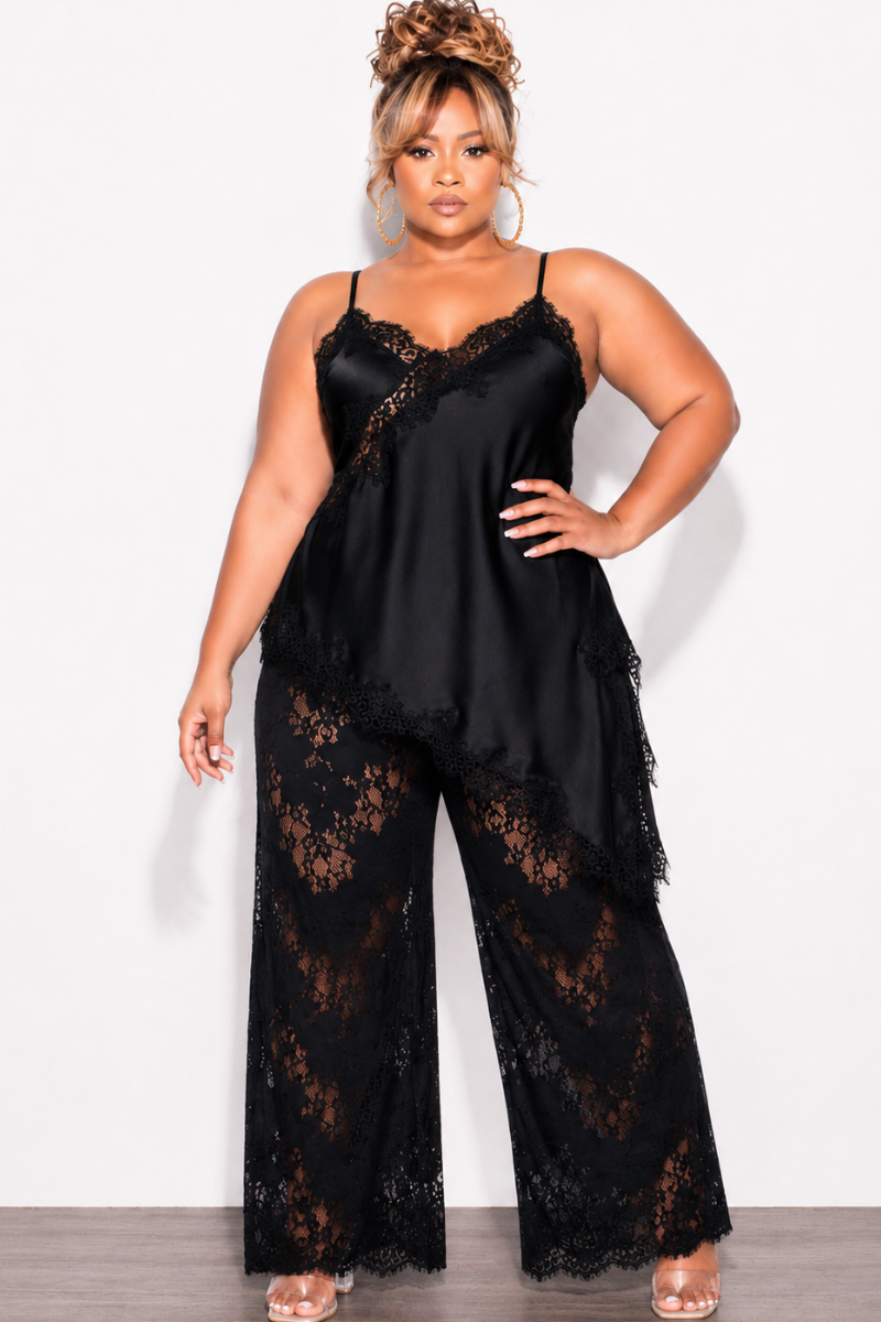 Final Sale Plus Size 2pc Satin & Lace Cami Pant Set in Black