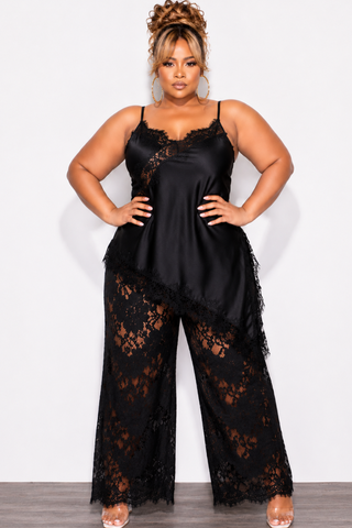 Final Sale Plus Size 2pc Satin & Lace Cami Pant Set in Black