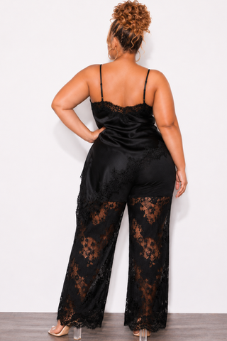 Final Sale Plus Size 2pc Satin & Lace Cami Pant Set in Black