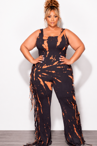 Final Sale Plus Size Tank Tie Dye Fringe Jumpsuit in Black & Rust